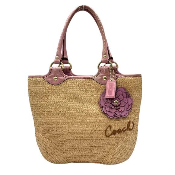 Coach 13373 Women's Straw Tote Bag with Tea Rose Flower Charm, Beige and Pink... - Picture 2 of 16